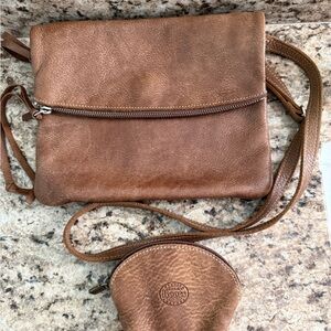 Roots Brown Leather Crossbody Bag and coin purse